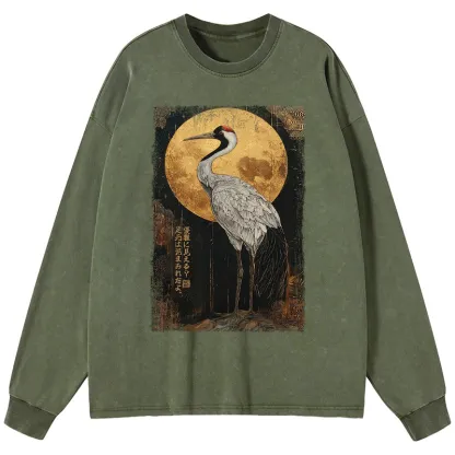 Tokyo-Tiger Vintage Japanese Crane Kanji Washed Long Sleeve T-Shirt