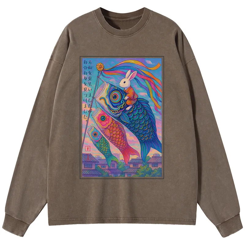 Tokyo-Tiger Ukiyoe Rabbit Ride Carp Streamer Poster Washed Long Sleeve T-Shirt