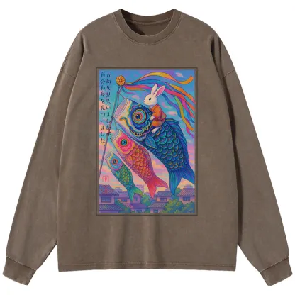 Tokyo-Tiger Ukiyoe Rabbit Ride Carp Streamer Poster Washed Long Sleeve T-Shirt