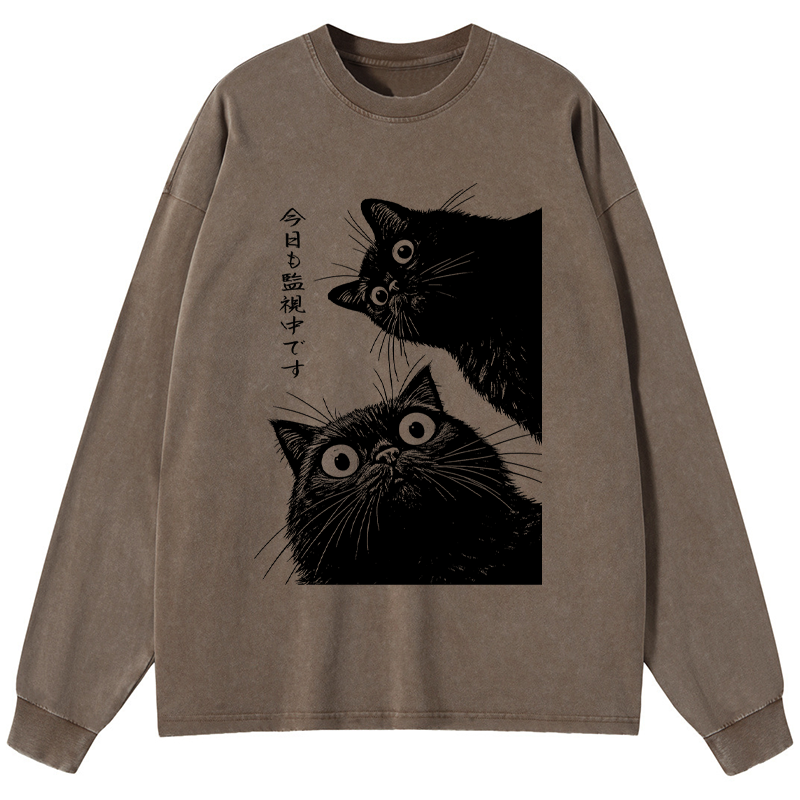Tokyo-Tiger The Cat Is Watching Today Washed Long Sleeve T-Shirt