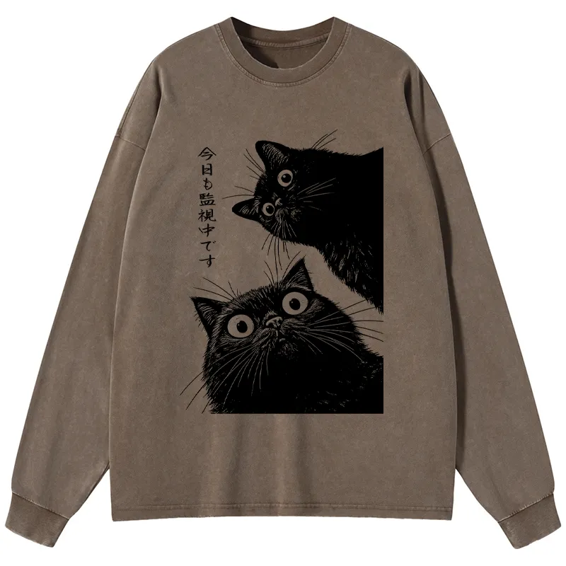 Tokyo-Tiger The Cat Is Watching Today Washed Long Sleeve T-Shirt
