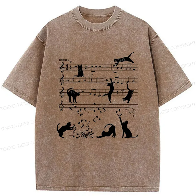 Tokyo-Tiger Cat Playing With Sheet Music Washed T-Shirt