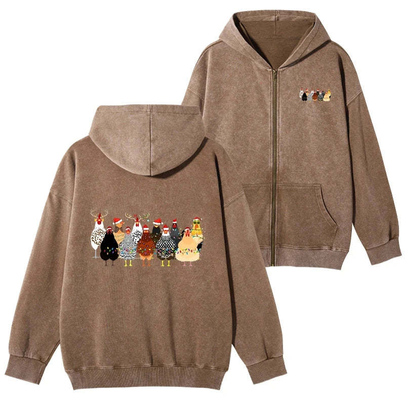 Tokyo-Tiger A Flock Of Christmas Chickens Washed Zip Hoodie-tokyo-tiger