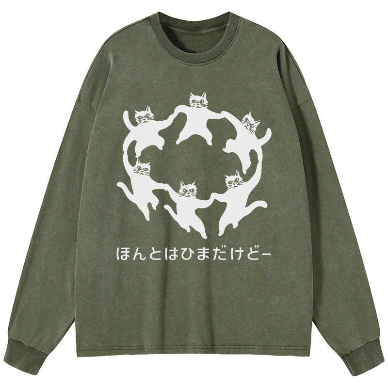 Tokyo-Tiger Leisure Cats Japanese Washed Long Sleeve T-Shirt