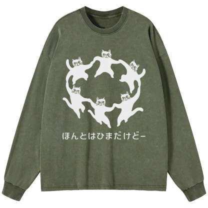 Tokyo-Tiger Leisure Cats Japanese Washed Long Sleeve T-Shirt