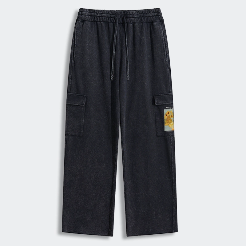 Tokyo-Tiger Black Cat With Sunflowers Washed Utility Sweatpants