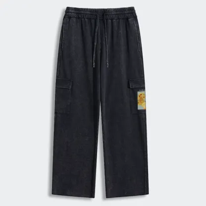 Tokyo-Tiger Black Cat With Sunflowers Washed Utility Sweatpants