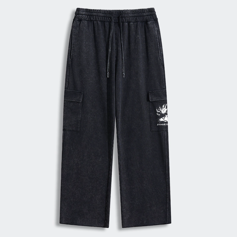 Tokyo-Tiger Retro Cat Smoking Washed Utility Sweatpants