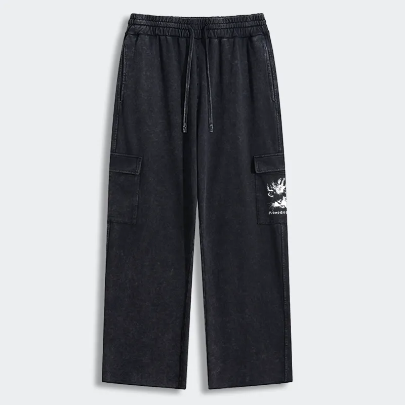 Tokyo-Tiger Retro Cat Smoking Washed Utility Sweatpants