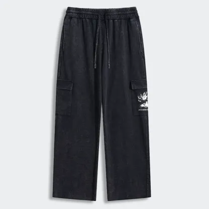 Tokyo-Tiger Retro Cat Smoking Washed Utility Sweatpants