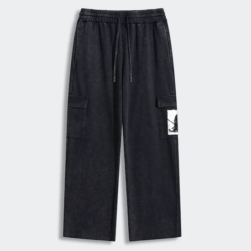 Tokyo-Tiger Retro Cat Samurai Japanese Washed Utility Sweatpants