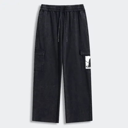 Tokyo-Tiger Retro Cat Samurai Japanese Washed Utility Sweatpants