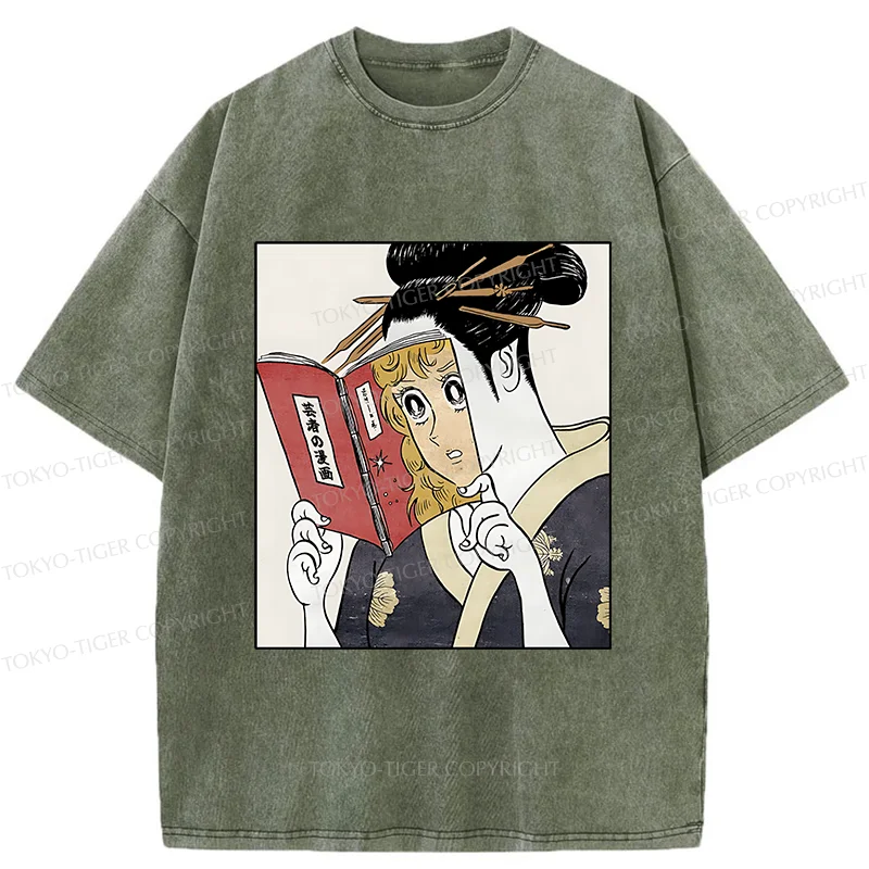 Tokyo-Tiger Geisha Reading Girls' Comics Washed T-Shirt