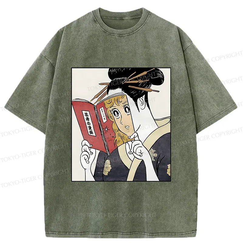 Tokyo-Tiger Geisha Reading Girls' Comics Washed T-Shirt