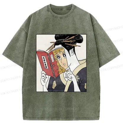 Tokyo-Tiger Geisha Reading Girls' Comics Washed T-Shirt