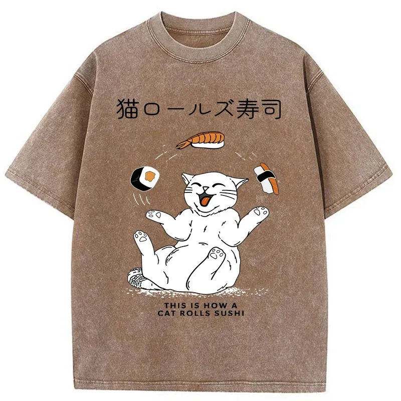 Tokyo-Tiger Funny Cat Rolls Sushi Washed T-Shirt