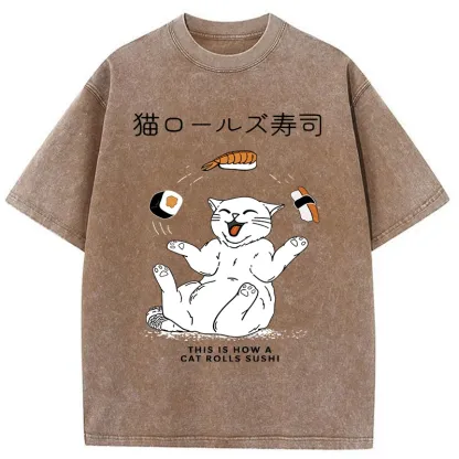 Tokyo-Tiger Funny Cat Rolls Sushi Washed T-Shirt
