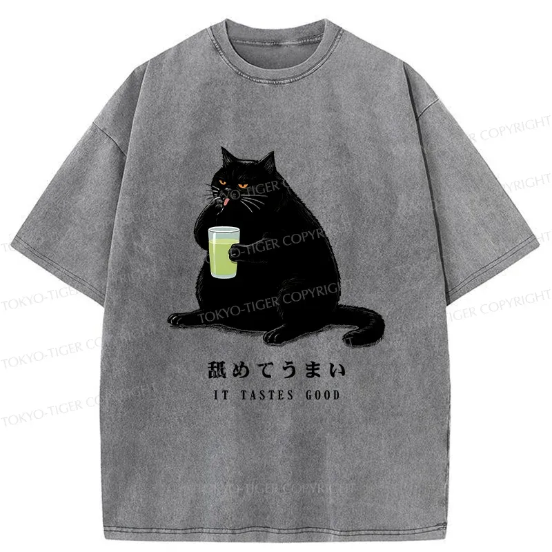 Tokyo-Tiger Cat Tasting Matcha Washed T-Shirt