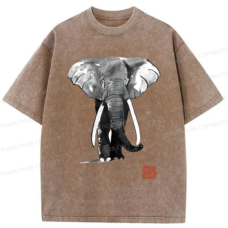 Tokyo-Tiger Elephant Ink Painting Washed T-Shirt