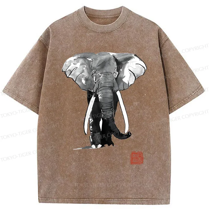 Tokyo-Tiger Elephant Ink Painting Washed T-Shirt