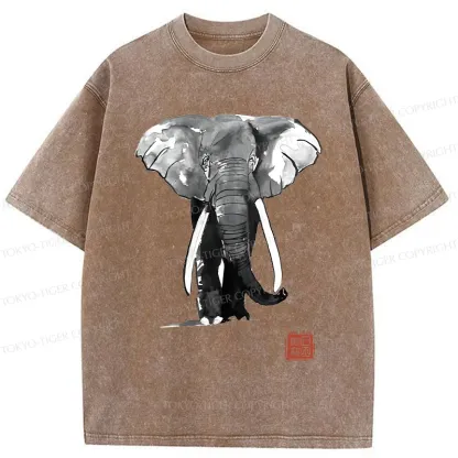 Tokyo-Tiger Elephant Ink Painting Washed T-Shirt