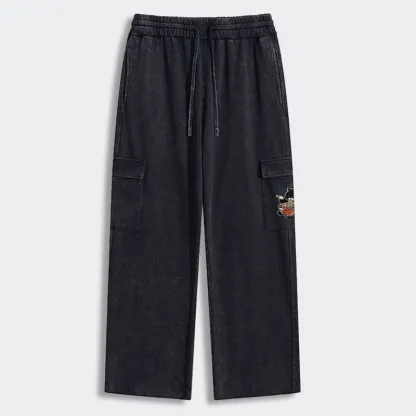 Tokyo-Tiger Fat Cat Eating Ramen Washed Utility Sweatpants