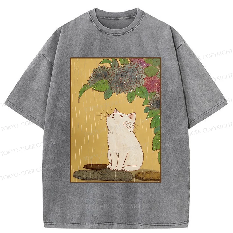 Tokyo-Tiger Cat Enjoying Flowers Washed T-Shirt