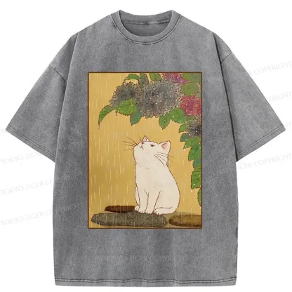 Tokyo-Tiger Cat Enjoying Flowers Washed T-Shirt