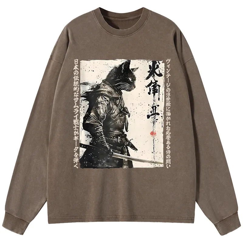 Tokyo-Tiger Cat Samurai Retro Washed Long Sleeve T-Shirt