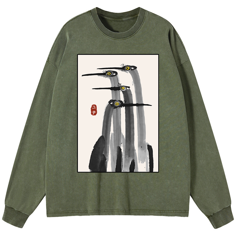 Tokyo-Tiger Japanese Crane Poster Washed Long Sleeve T-Shirt