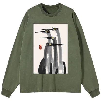 Tokyo-Tiger Japanese Crane Poster Washed Long Sleeve T-Shirt