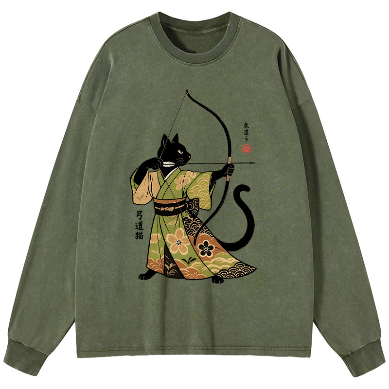 Tokyo-Tiger Japan Cat Archery Washed Long Sleeve T-Shirt