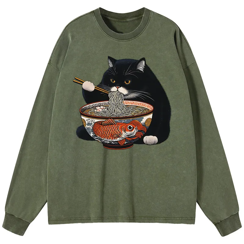 Tokyo-Tiger Fat Cat Eating Ramen Washed Long Sleeve T-Shirt