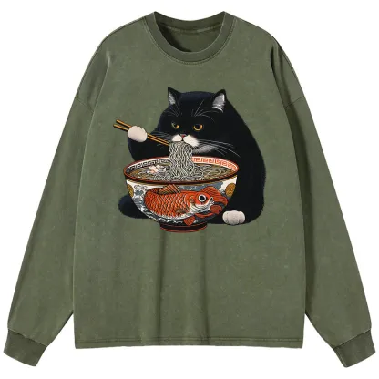 Tokyo-Tiger Fat Cat Eating Ramen Washed Long Sleeve T-Shirt