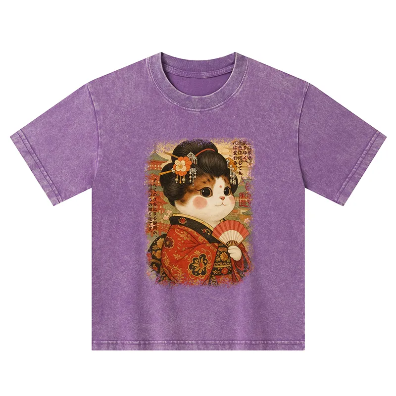 Tokyo-Tiger Ukiyoe Japanese Cat Princess Kids Washed T-Shirt