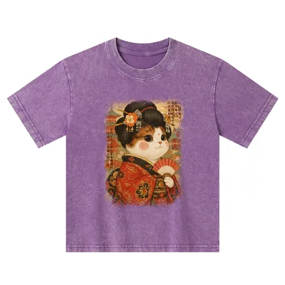 Tokyo-Tiger Ukiyoe Japanese Cat Princess Kids Washed T-Shirt