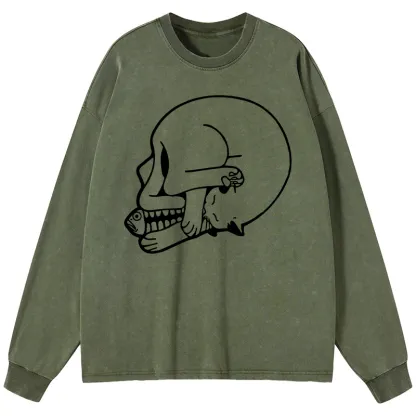 Tokyo-Tiger Funny Cat Eating Fish Washed Long Sleeve T-Shirt