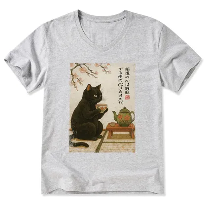 Tokyo-Tiger Tea Time With A Black Cat V-Neck Classic T-Shirt
