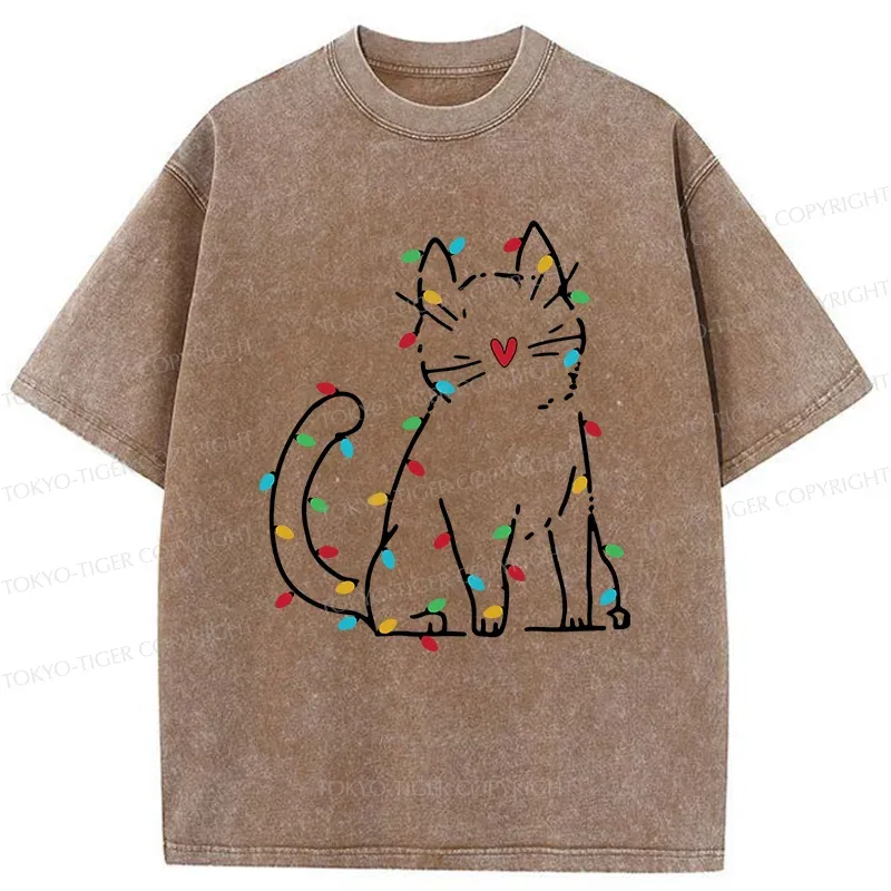 Tokyo-Tiger Christmas Lights Cat Washed T-Shirt