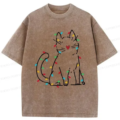 Tokyo-Tiger Christmas Lights Cat Washed T-Shirt