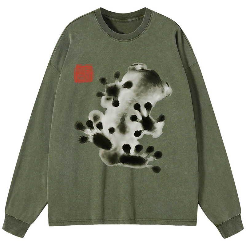Tokyo-Tiger Ink Painting Frog Washed Long Sleeve T-Shirt