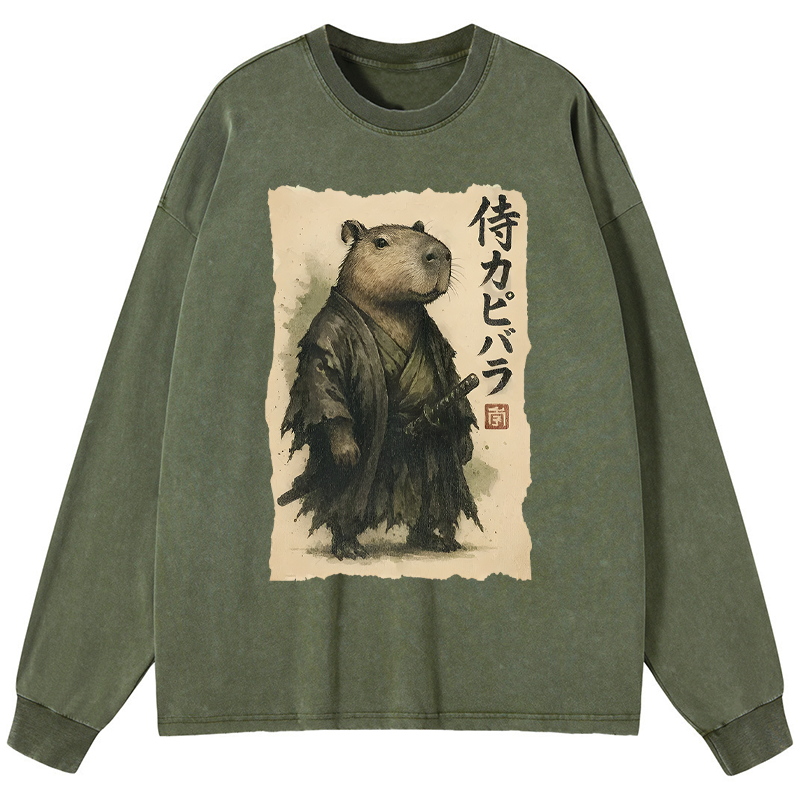 Tokyo-Tiger Capybara Samurai Washed Long Sleeve T-Shirt