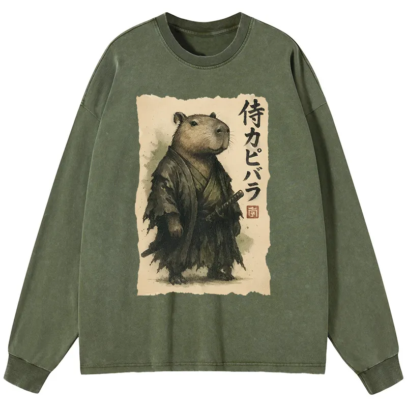 Tokyo-Tiger Capybara Samurai Washed Long Sleeve T-Shirt