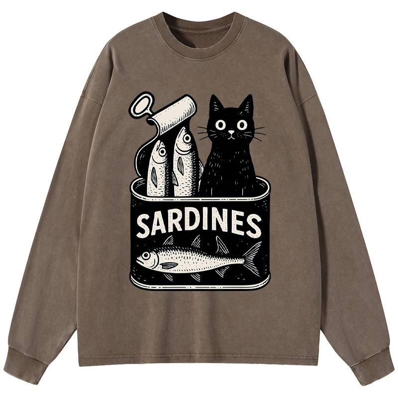 Tokyo-Tiger Cat And Canned Fish Washed Long Sleeve T-Shirt