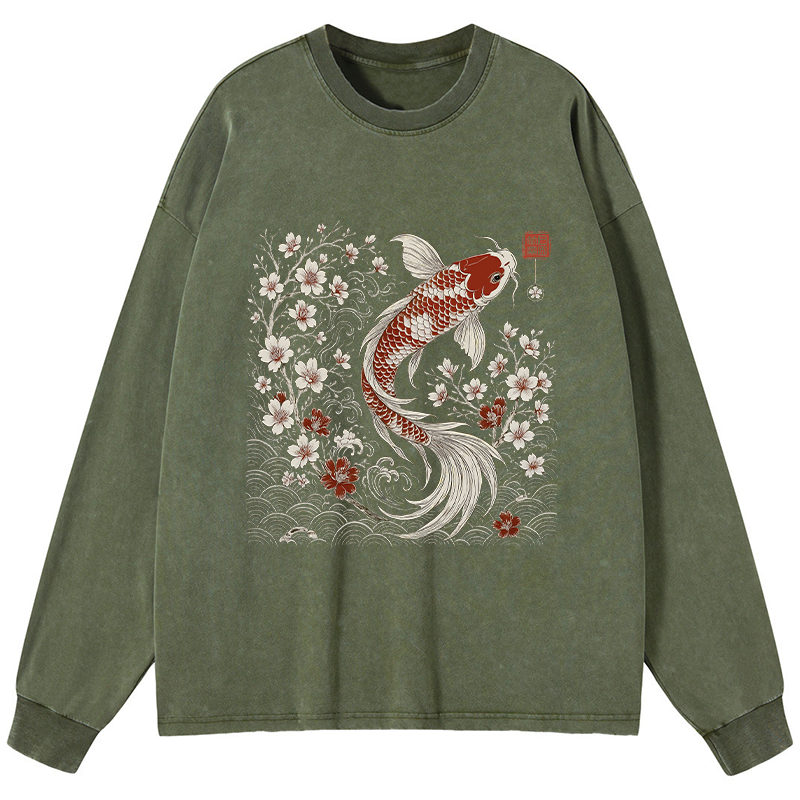 Tokyo-Tiger Vintage Sakura And Koi Washed Long Sleeve T-Shirt