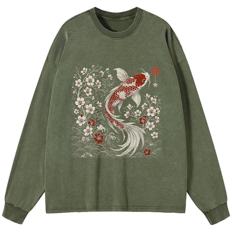 Tokyo-Tiger Vintage Sakura And Koi Washed Long Sleeve T-Shirt
