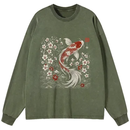 Tokyo-Tiger Vintage Sakura And Koi Washed Long Sleeve T-Shirt