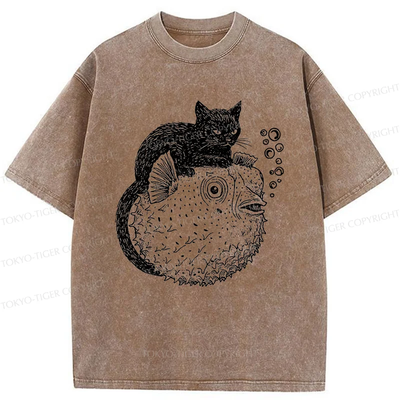 Tokyo-Tiger Black Cat Riding A Pufferfish Washed T-Shirt