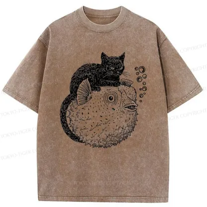 Tokyo-Tiger Black Cat Riding A Pufferfish Washed T-Shirt