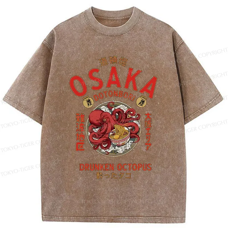 Tokyo-Tiger Osaka Octopus Eating Ramen Washed T-Shirt